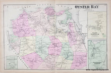 Load image into Gallery viewer, Antique map of Oyster Bay with pastel colors and labeled areas. with original color in pink, yellow, green.
