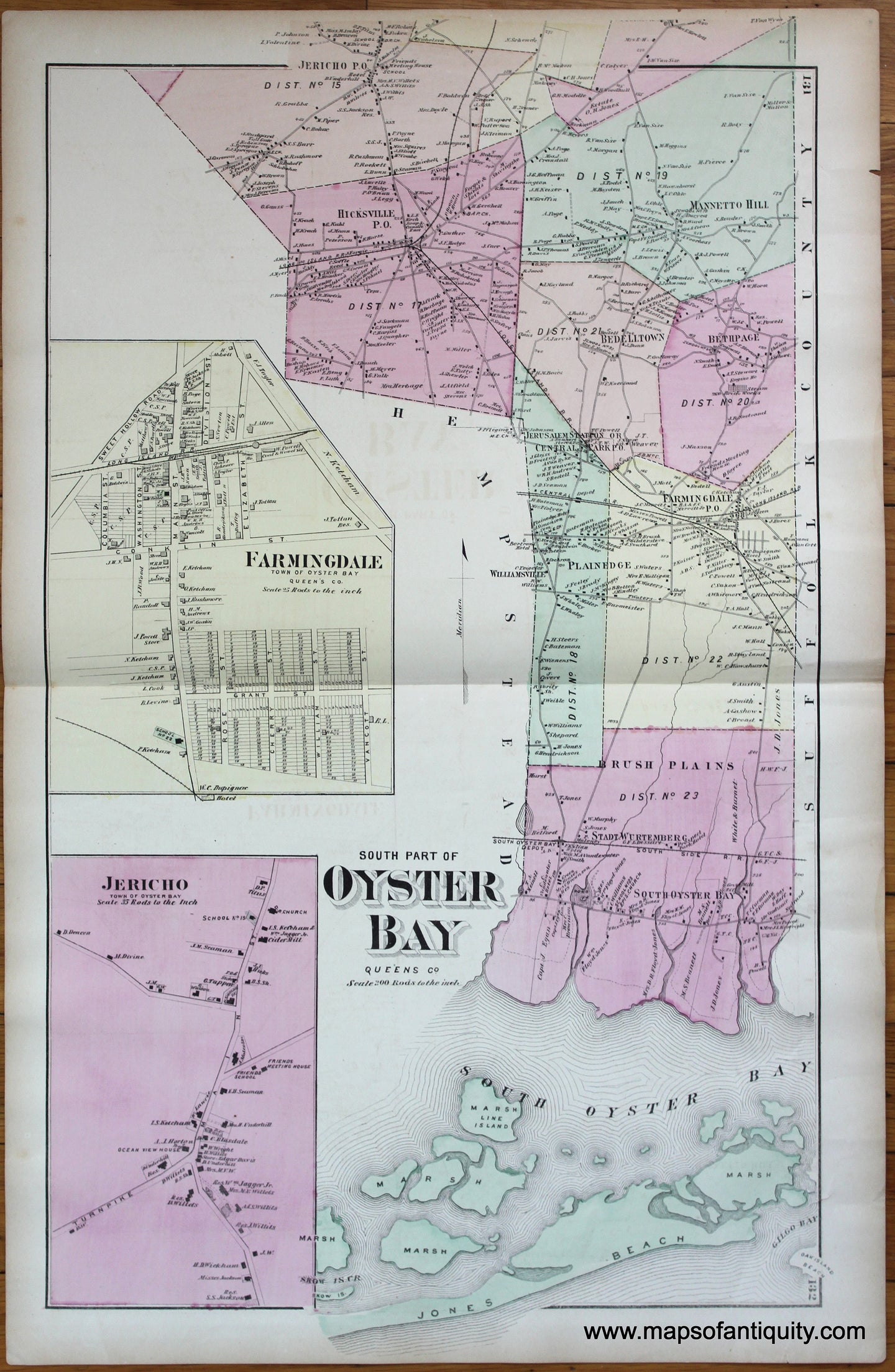 Antique-Hand-Colored-Map-South-Part-of-Oyster-Bay-Long-Island-New-York-Farmingdale-Jericho-verso-Lattingtown-Locust-Valley-Matinecock-and-Bayville-(NY)--United-States-Northeast-1873-Beers-Maps-Of-Antiquity