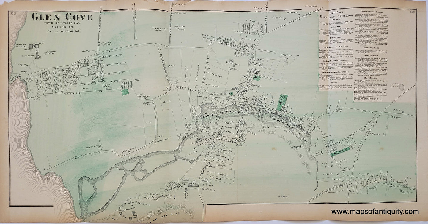 Antique-Hand-Colored-Map-Glen-Cove-(NY)-United-States-Northeast-1873-Beers-Maps-Of-Antiquity