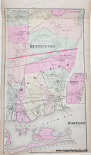 Load image into Gallery viewer, Antique map of Huntington and Babylon, New York with colorful regions. with original color in pink, yellow, green.
