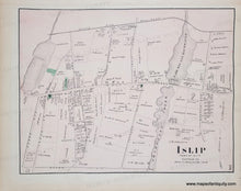 Load image into Gallery viewer, Antique map of Islip, Suffolk County, New York with labeled streets and landmarks. with original color in pink, green.
