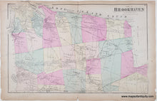 Load image into Gallery viewer, Map of part of  Brookhaven on Long Island Sound with colored sections,  from a 19th-century atlas. Antique map with original color in tones of pink, green, yellow, and orange.
