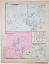 Load image into Gallery viewer, Antique map of Bellport and surrounding areas with different colored sections. Antique map with original color in tones of pink, green, yellow, and orange.
