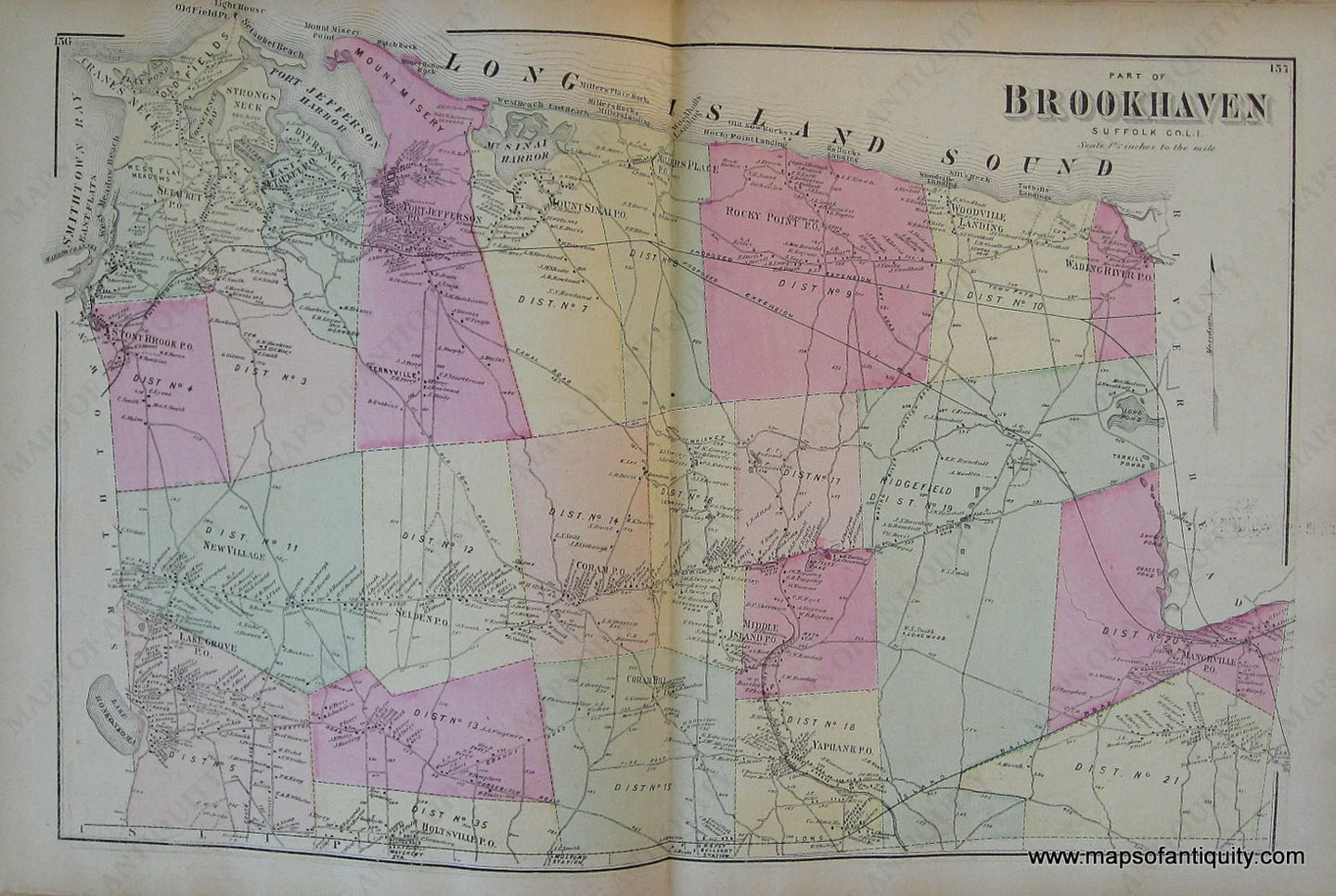 Antique-Hand-Colored-Map-Part-of-Brookhaven-verso-Bayshore-Brentwood-Bohemia-Greeneville-Hauppauge-Bellport-East-Moriches-Manorville-and-Moriches.-(NY)-United-States-Northeast-1873-Beers-Maps-Of-Antiquity