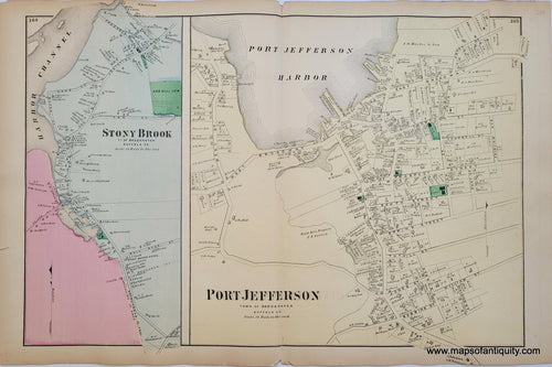 Antique-Hand-Colored-Map-Port-Jefferson-and-Stony-Brook-(NY)-Long island, New York-1873-Beers-Maps-Of-Antiquity