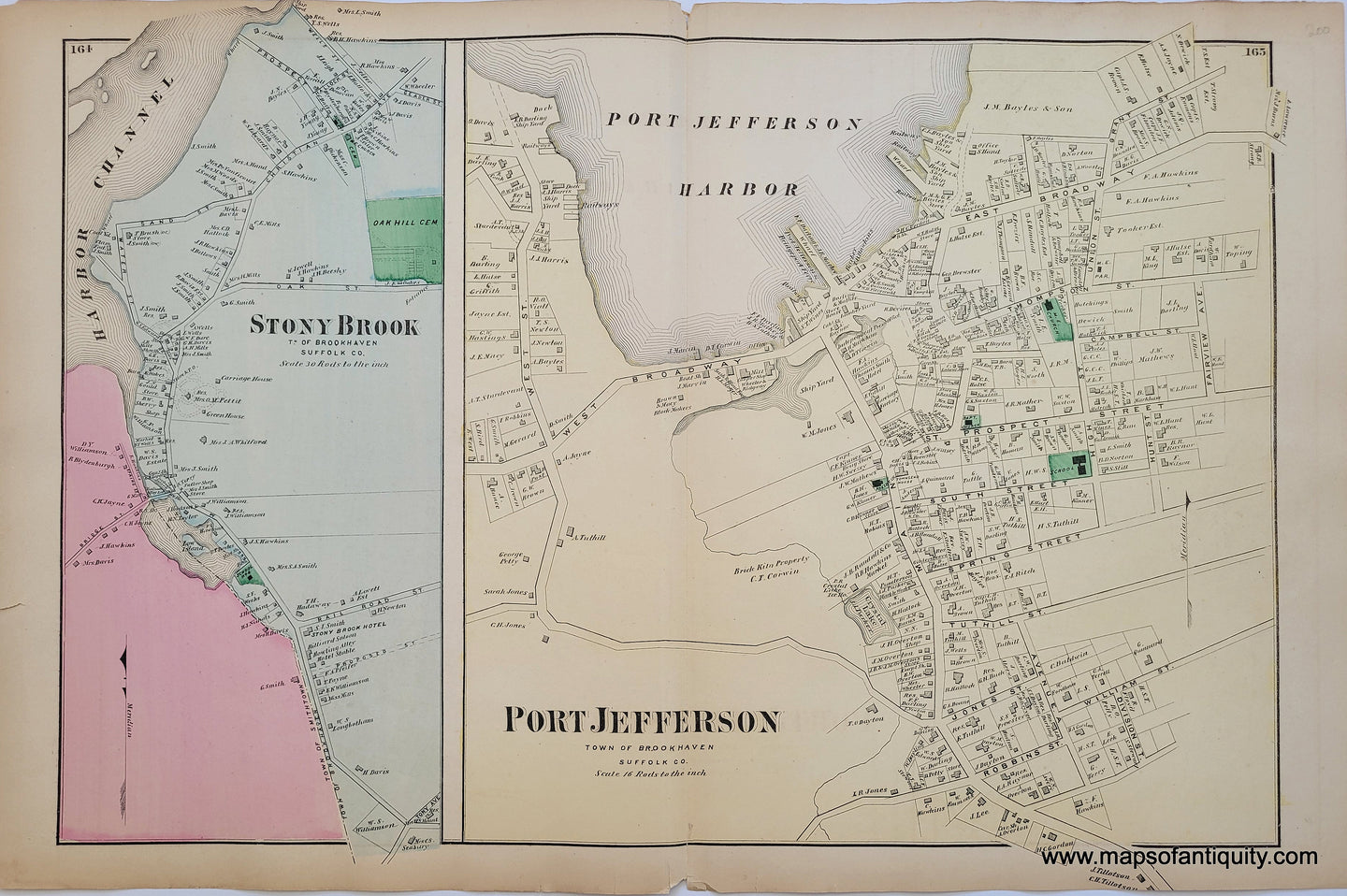 Antique-Hand-Colored-Map-Port-Jefferson-and-Stony-Brook-(NY)-Long island, New York-1873-Beers-Maps-Of-Antiquity