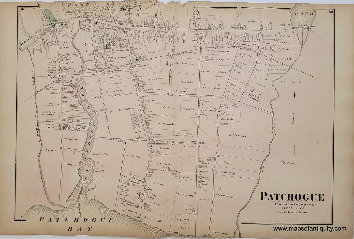 Antique-Hand-Colored-Map-Patchogue-(NY)-Long Island, New York, United-States-Northeast-1873-Beers-Maps-Of-Antiquity