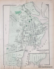 Load image into Gallery viewer, Antique map of Greenport, New York with labeled streets and waterways with original color in green.
