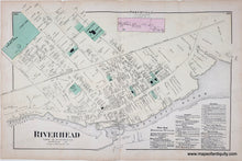 Load image into Gallery viewer, Antique map of Riverhead, New York with labeled streets and landmarks with original color in pink, yellow, green.
