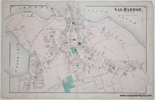 Load image into Gallery viewer, Antique map of Sag Harbor, New York with labeled streets and landmarks. Original color in pink and green. Antique-Hand-Colored-Map-Sag-Harbor-verso-East-Hampton-Amagansett-and-Bridgehampton-Long-Island-NY-United-States-Northeast-1873-Beers-Maps-Of-Antiquity
