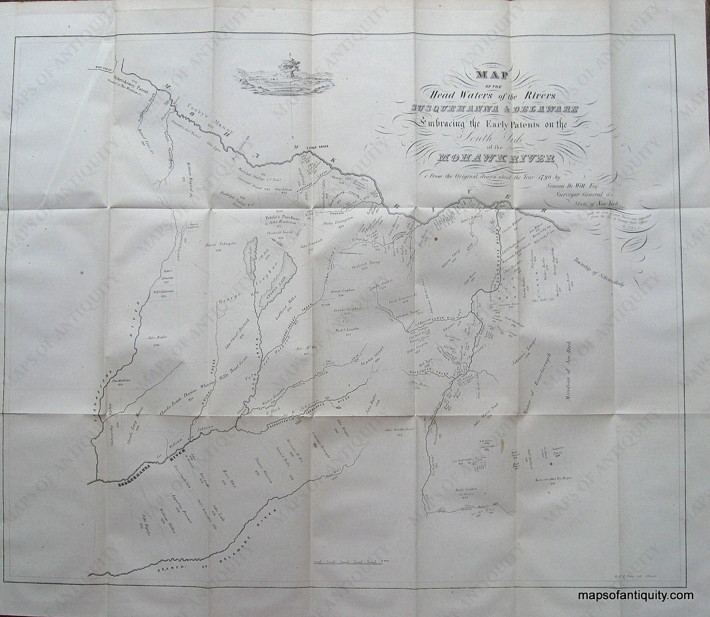 Black-and-White-Antique-Map-Map-of-the-Head-Waters-of-the-Rivers-Susquehanna-&-Delaware-Embracing-the-Early-Patents-on-the-South-Side-of-the-Mohawk-River-United-States-Northeast-1849-De-Witt-Pease-Maps-Of-Antiquity