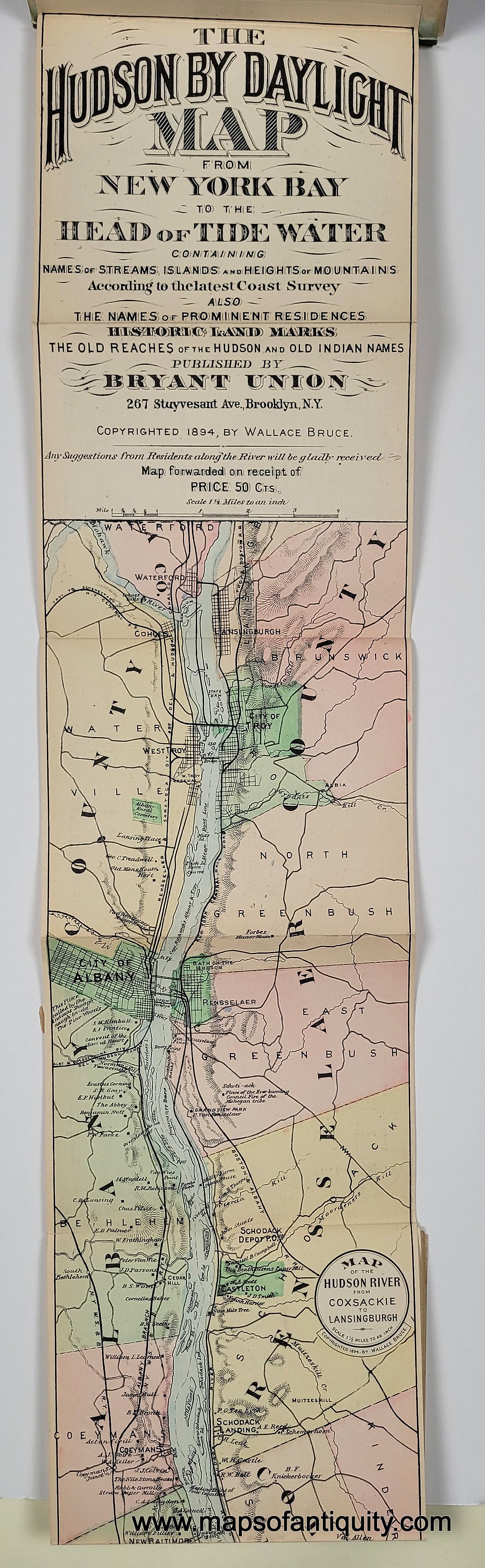 1898 - The Hudson by Daylight Map from New York Bay to the Head of Tide Water ... also the Names of Prominent Residences, Historic Landmarks, the Old Reaches of the Hudson and Old Indian Names - Antique Map