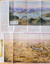 Load image into Gallery viewer, Antique folding map with a bird&#39;s-eye view map of Lake George, New York, at the top in colored of blues, greens, and purples, and a slightly larger bird&#39;s-eye view map of Lake Champlain and Lake George at the bottom in colors of yellow, green, blue, and red. Coloring is sophisticated chromolithograph color and shows the majestic mountains and hills around the lakes. Maps also include towns, railroads, and more. Text is printed around the outside of the maps with visitor information.
