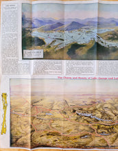 Load image into Gallery viewer, Antique folding map with a bird&#39;s-eye view map of Lake George, New York, at the top in colored of blues, greens, and purples, and a slightly larger bird&#39;s-eye view map of Lake Champlain and Lake George at the bottom in colors of yellow, green, blue, and red. Coloring is sophisticated chromolithograph color and shows the majestic mountains and hills around the lakes. Maps also include towns, railroads, and more. Text is printed around the outside of the maps with visitor information.
