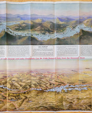 Load image into Gallery viewer, Antique folding map with a bird&#39;s-eye view map of Lake George, New York, at the top in colored of blues, greens, and purples, and a slightly larger bird&#39;s-eye view map of Lake Champlain and Lake George at the bottom in colors of yellow, green, blue, and red. Coloring is sophisticated chromolithograph color and shows the majestic mountains and hills around the lakes. Maps also include towns, railroads, and more. Text is printed around the outside of the maps with visitor information.
