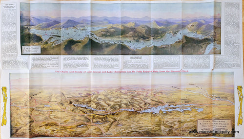 Antique folding map with a bird's-eye view map of Lake George, New York, at the top in colored of blues, greens, and purples, and a slightly larger bird's-eye view map of Lake Champlain and Lake George at the bottom in colors of yellow, green, blue, and red. Coloring is sophisticated chromolithograph color and shows the majestic mountains and hills around the lakes. Maps also include towns, railroads, and more. Text is printed around the outside of the maps with visitor information.