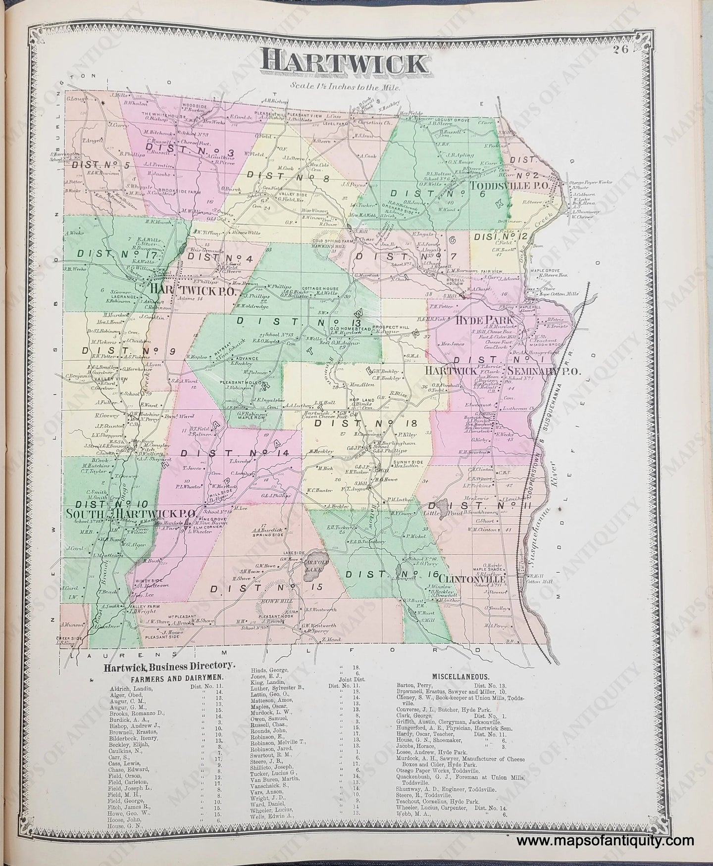 Genuine-Antique-Map-Hartwick-Otsego-Co-NY-1868-Beers-Ellis-&-Soule-Maps-Of-Antiquity