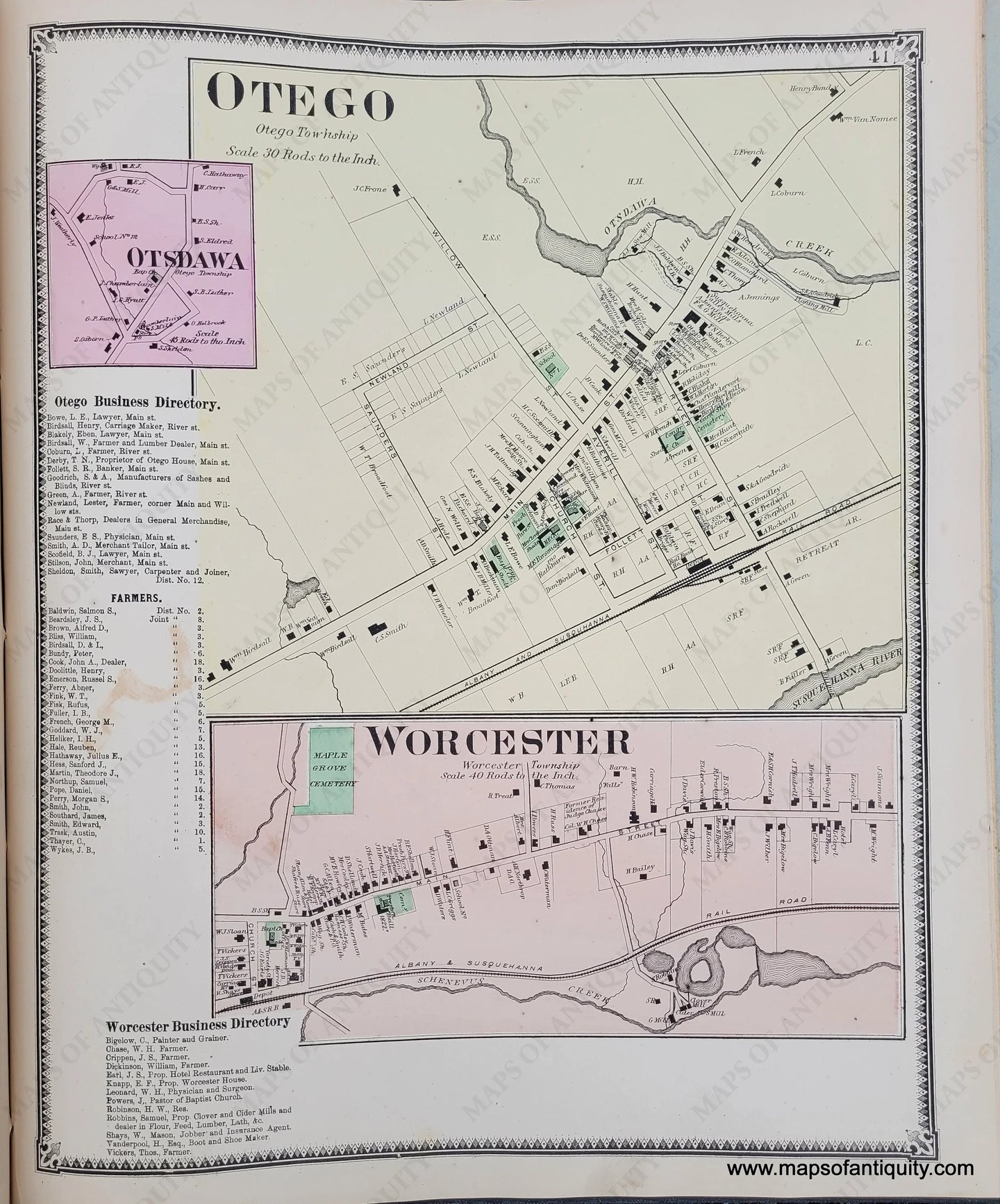 Genuine-Antique-Map-Otego-Otego-Township-NY-1868-Beers-Ellis-&-Soule-Maps-Of-Antiquity