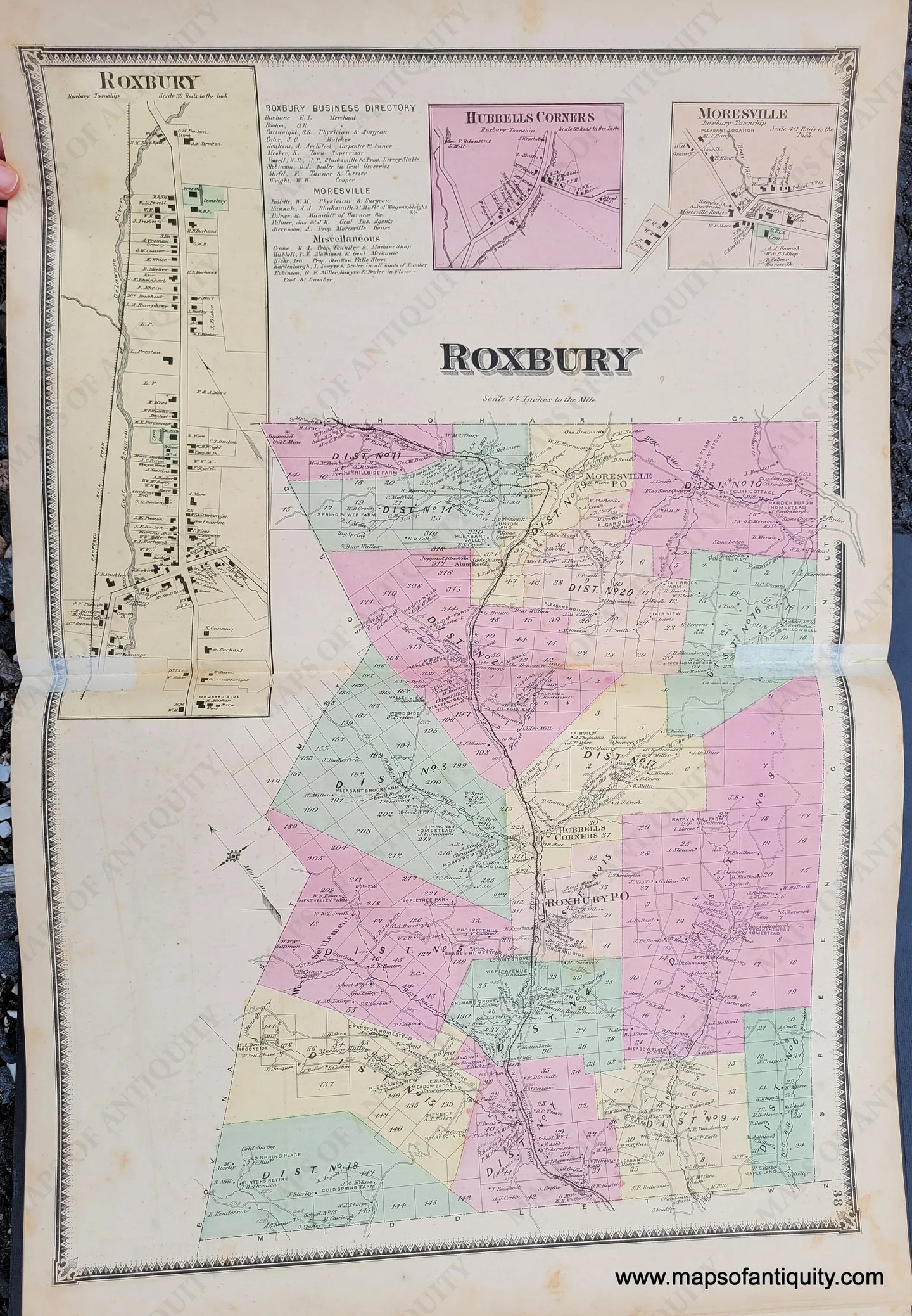 Genuine-Antique-Map-Roxbury-Delaware-Co-NY-1869-Beers-Ellis-Soule-Maps-Of-Antiquity