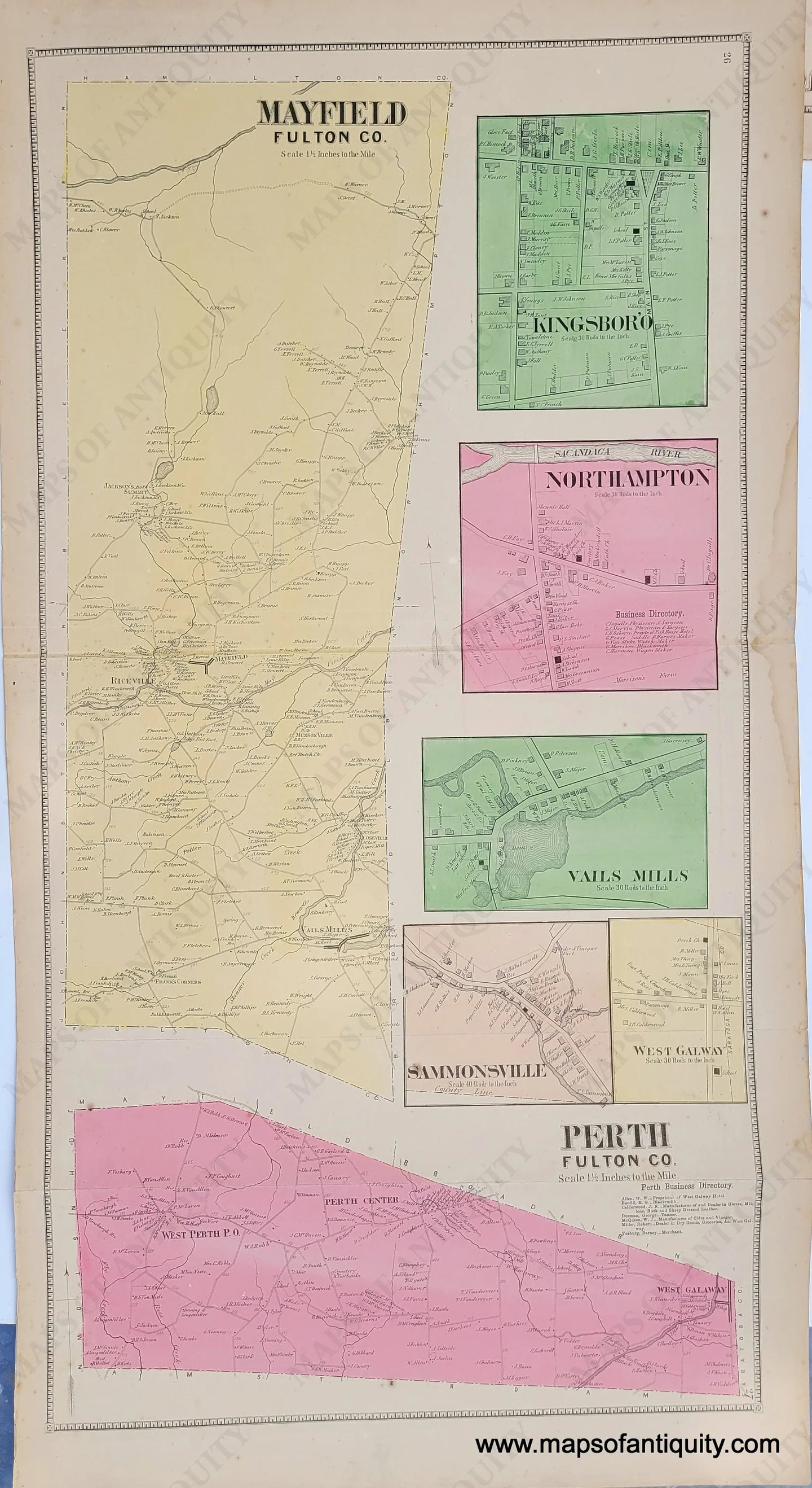 Genuine-Antique-Map-Mayfield-Perth--New-York--1868-B-Nichols-Maps-Of-Antiquity