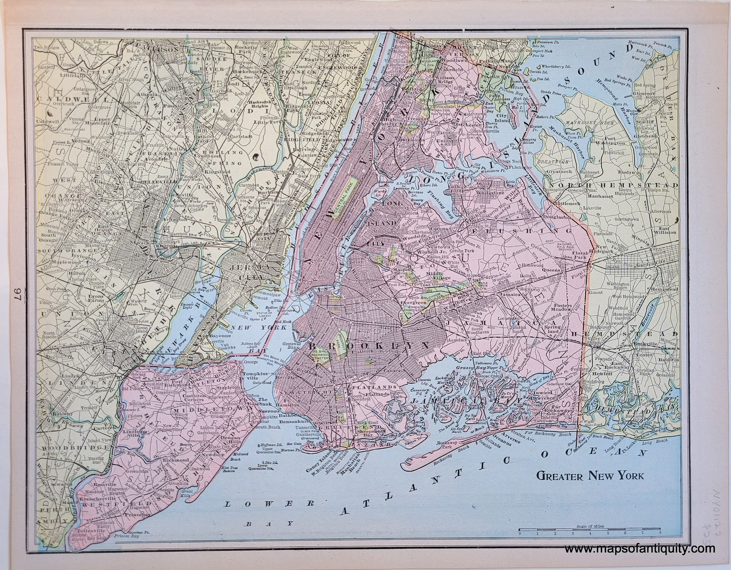 Antique-Printed-Color-Map-Manhattan-Brooklyn-Greater-New-York-North-America-Northeast-1900-Cram-Maps-Of-Antiquity