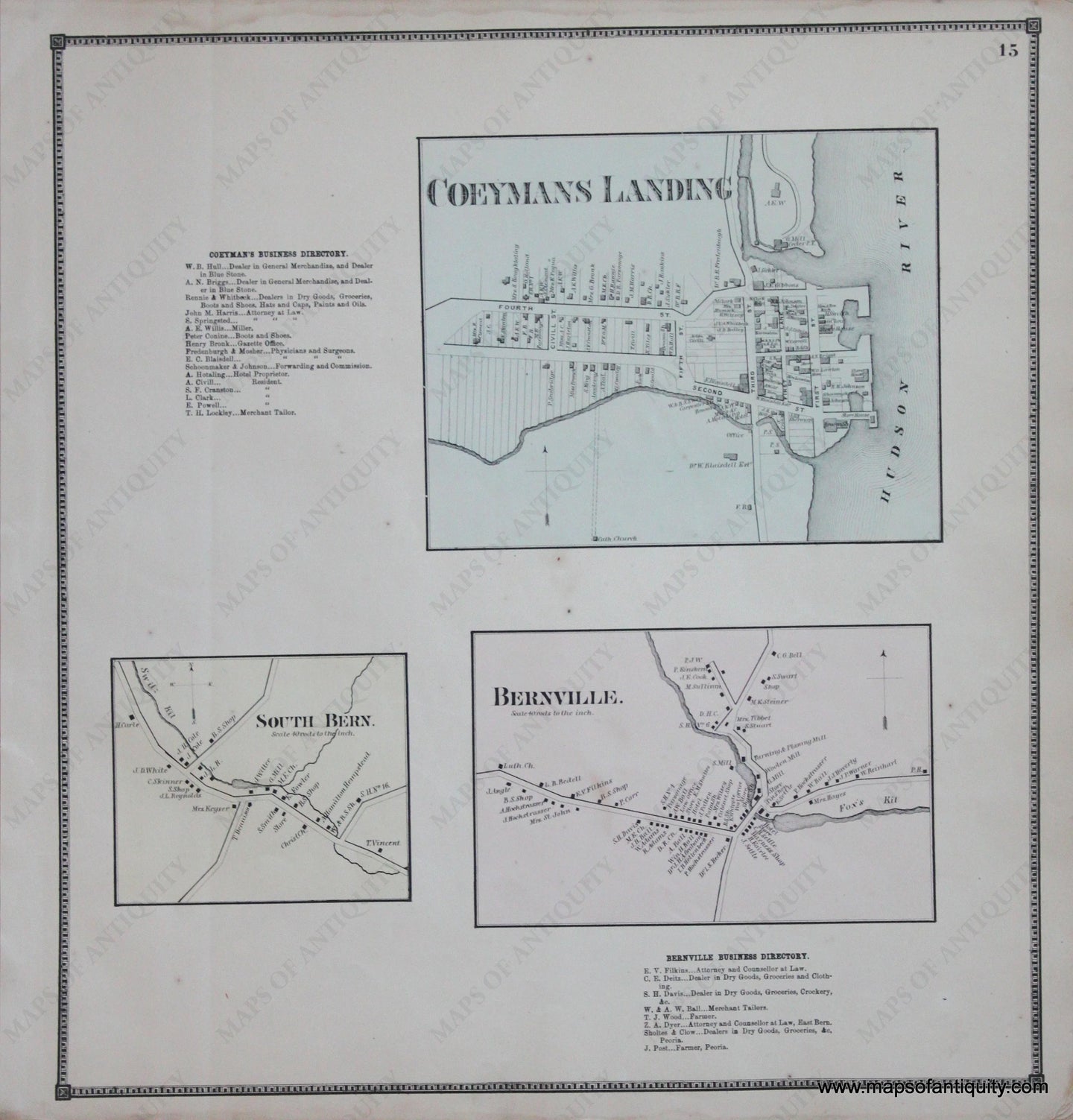 Genuine-Antique-Map-Coeymans-Landing-Bernville-and-South-Bern--New-York---1866-Beers--Maps-Of-Antiquity