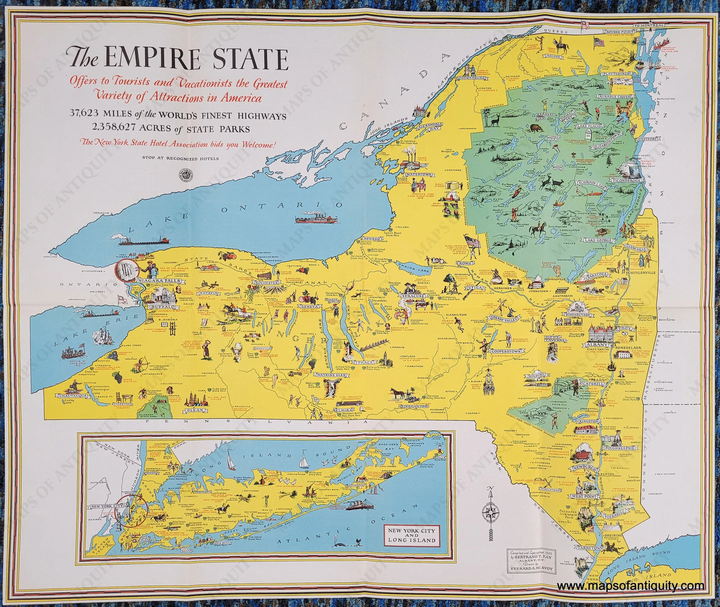 Genuine-Antique-Map-New-York-The-Empire-State-1932-Fay---McAvoy---NY-Hotel-Assoc--Maps-Of-Antiquity