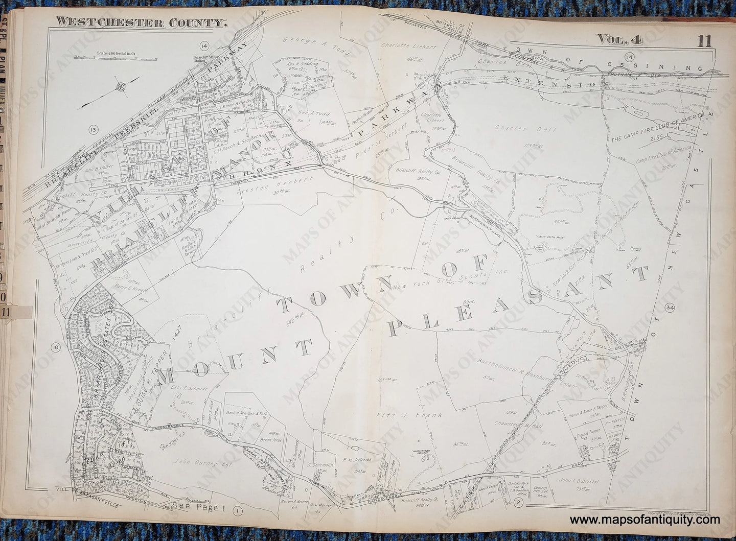 Genuine-Antique-Map-Plate-11-Town-of-Mount-Pleasant-Village-of-Briarcliff-Manor-NY-1930-G-M-Hopkins-Co--Maps-Of-Antiquity