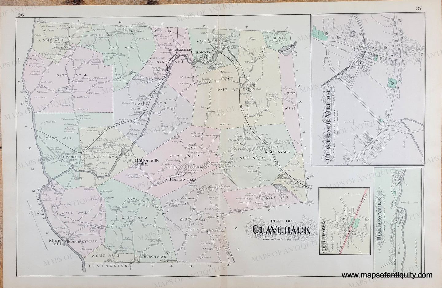 Genuine-Antique-Map-Plan-of-Claverack-NY--1888-Beers-Ellis-Co--Maps-Of-Antiquity