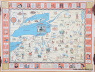 Original old map in a vibrant pictorial style with bright colors of blue, brown, green, red, yellow. Genuine-Vintage-Map-Indian-Episodes-of-New-York-A-Drama-Story-Map-of-the-Empire-State-1935-Gribbroek-Maps-Of-Antiquity
