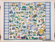 Original old map in a vibrant pictorial style with bright colors of blue, yellow, green, red. Genuine-Vintage-Map-A-Romance-Map-of-the-Finger-Lakes-Region-of-Central-New-York-1955-circa--Ayers-Henricks-Plaisted-Maps-Of-Antiquity
