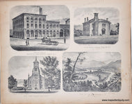 1869 - Partial View of Bristol Iron Works, Owego, NY, Union School, Candor, Tioga Co., NY, Cong. Church, Candor, Tioga Co., NY, & View on the Susquehanna above Owego - Genuine Antique Print