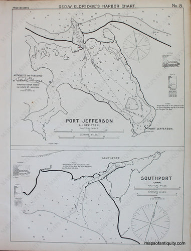 Black-and-White-Antique-Map-Port-Jefferson-L.I.-New-York-and-Southport-Conn.-United-States-Northeast-1901-George-Eldridge-Maps-Of-Antiquity