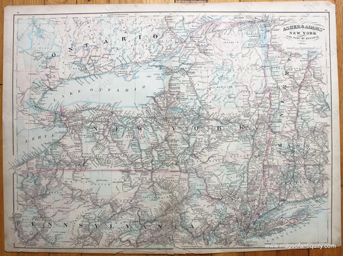 1872 - New York and Part of Ontario - Antique Map