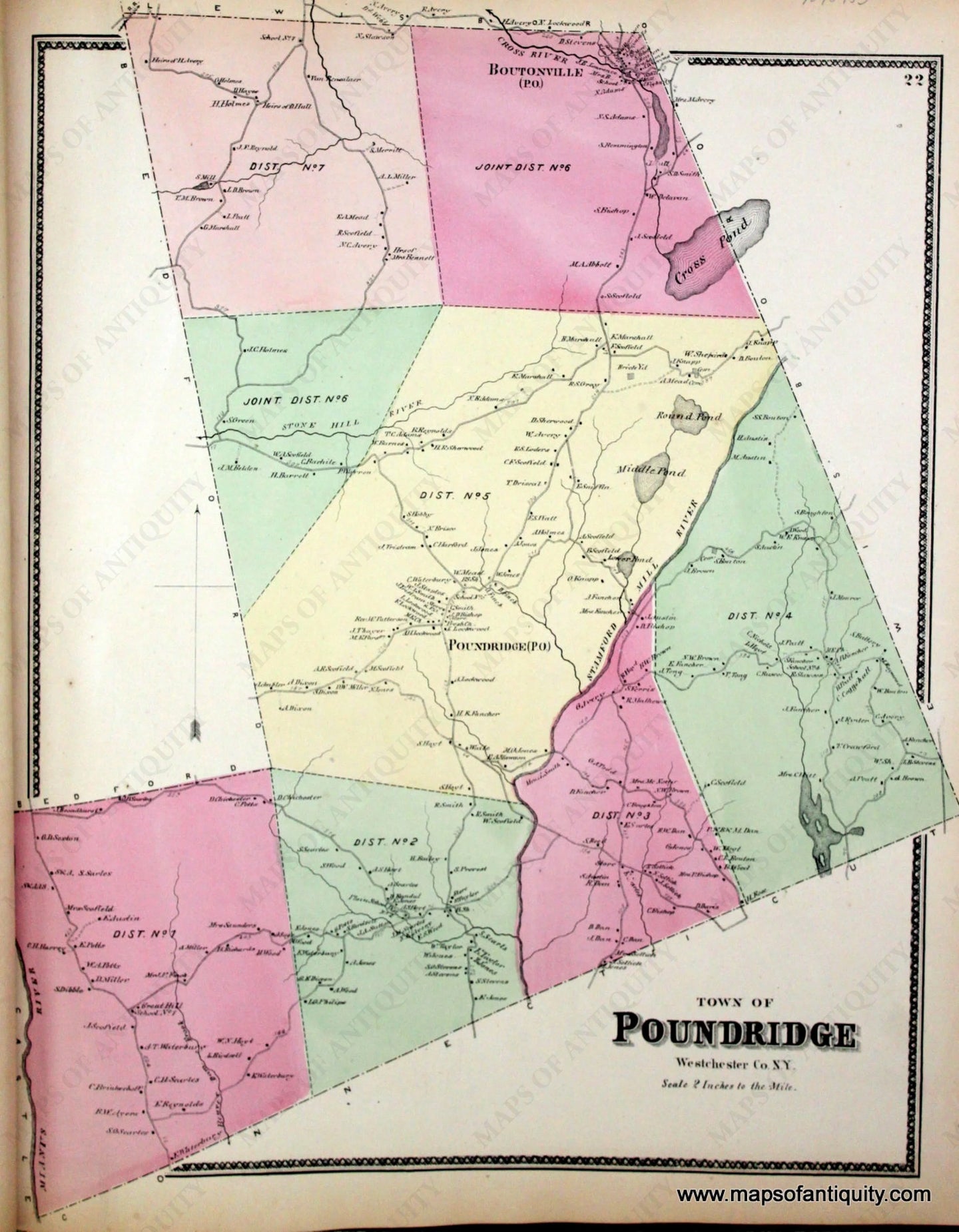 Antique-Hand-Colored-Map-Town-of-Poundridge-Westchester-Co.-N.Y.-United-States-Northeast-1867-Beers-Maps-Of-Antiquity