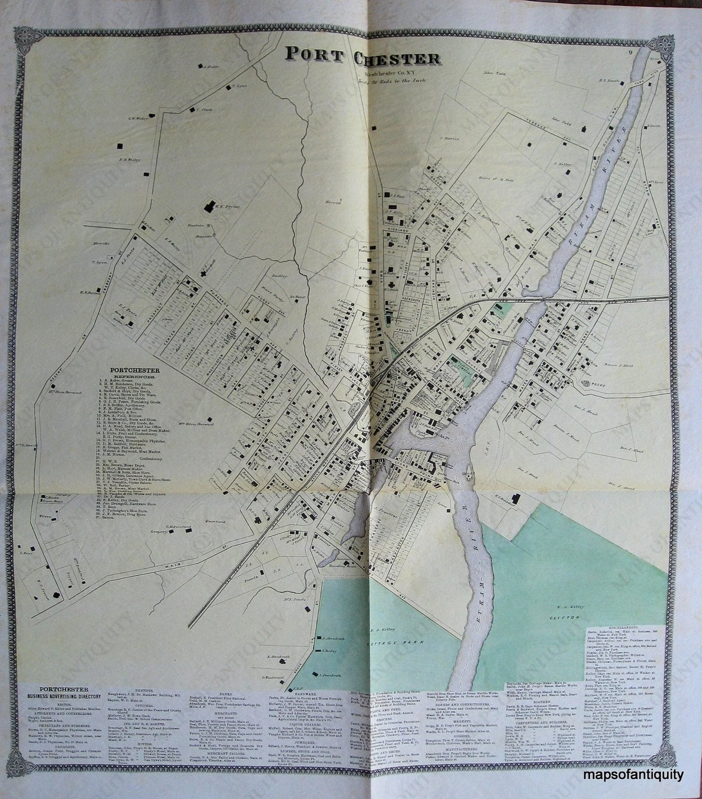 1867 - Port Chester Westchester Co. N.y. Antique Map Large Genuine Hand-Colored