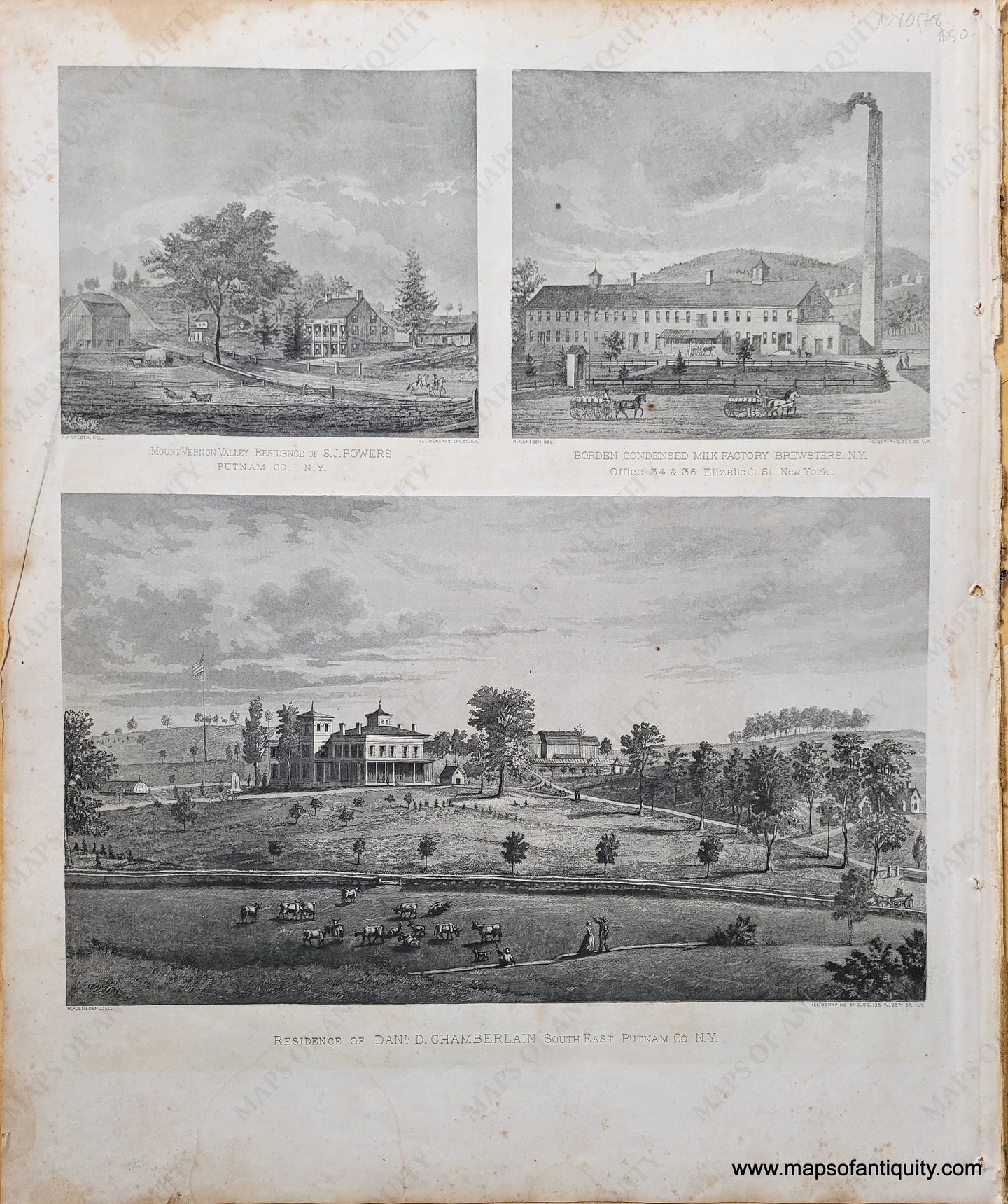 Black-and-White-Antique-Illustration-Residence-of-Danl.-D.-Chamberlain-South-East-Putman-N.Y.-also-Mount-Vernon-Valley-Residence-of-S.J.-Powers-Putman-Co.-N.Y.-and-Borden-Condensed-Milk-Factory-Brewsters-N.Y.--United-States-Northeast-1867-Beers-Maps-Of-Antiquity