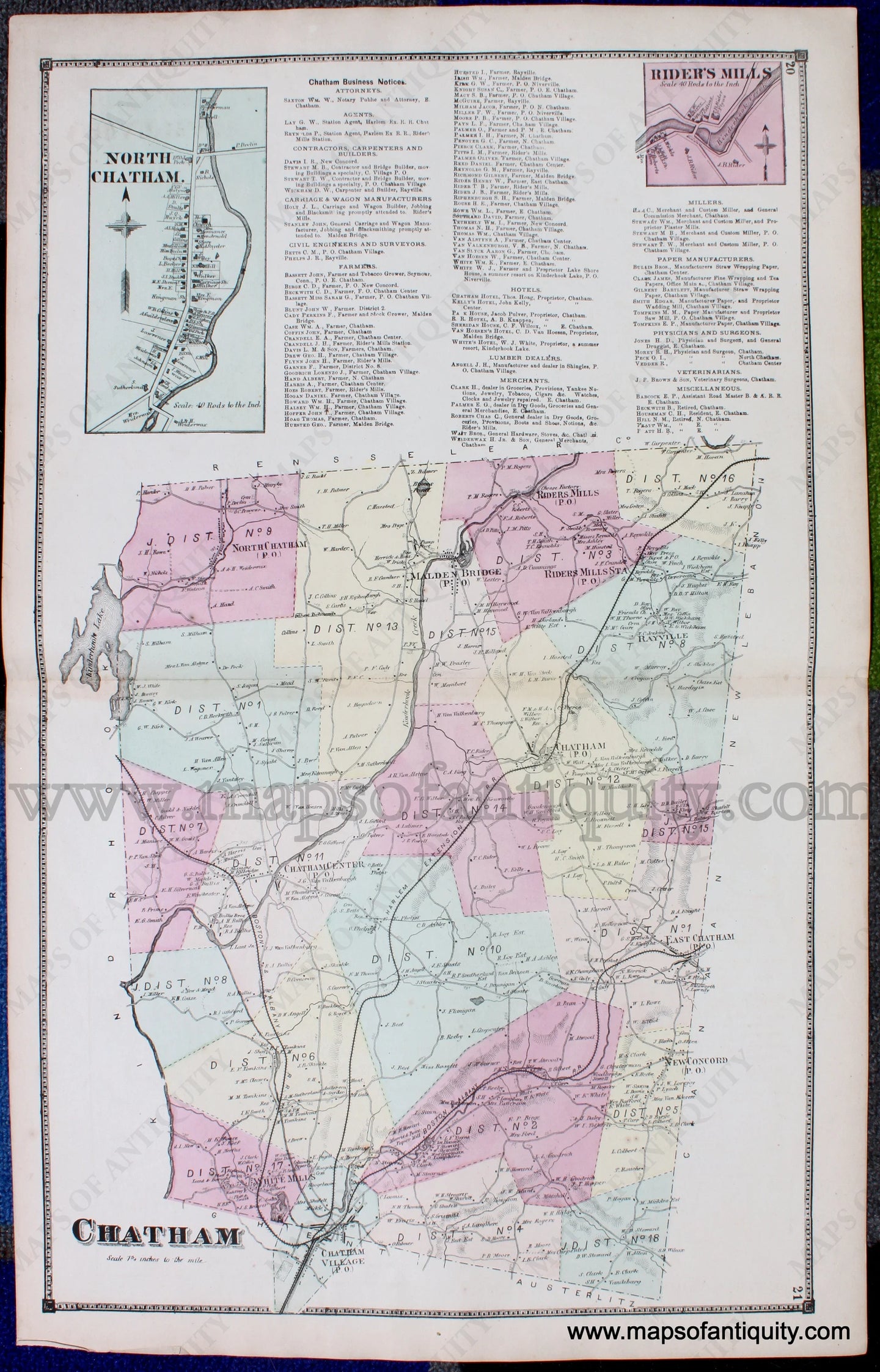 Antique-Hand-Colored-Map-Chatham-North-Chatham-inset-Rider's-Mills-Inset-(NY)-****-United-States-Northeast-1873-Beers-Maps-Of-Antiquity