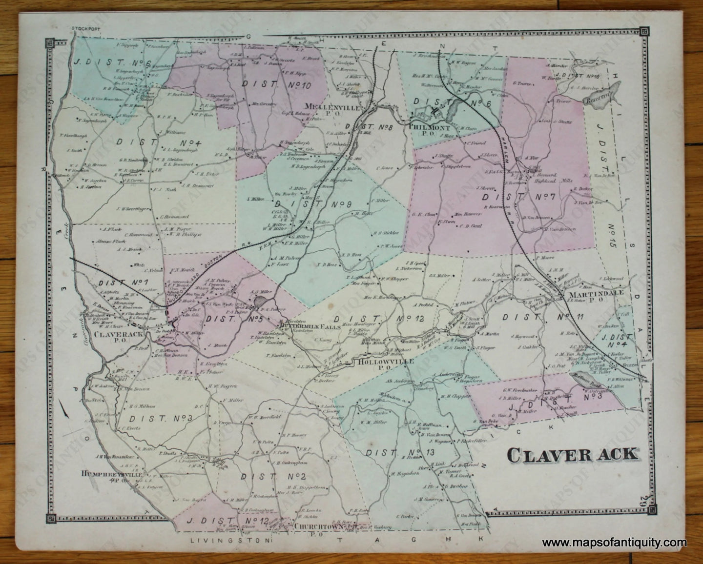 Antique-Hand-Colored-Map-Claverack---(NY)-United-States-Northeast-1873-Beers-Maps-Of-Antiquity