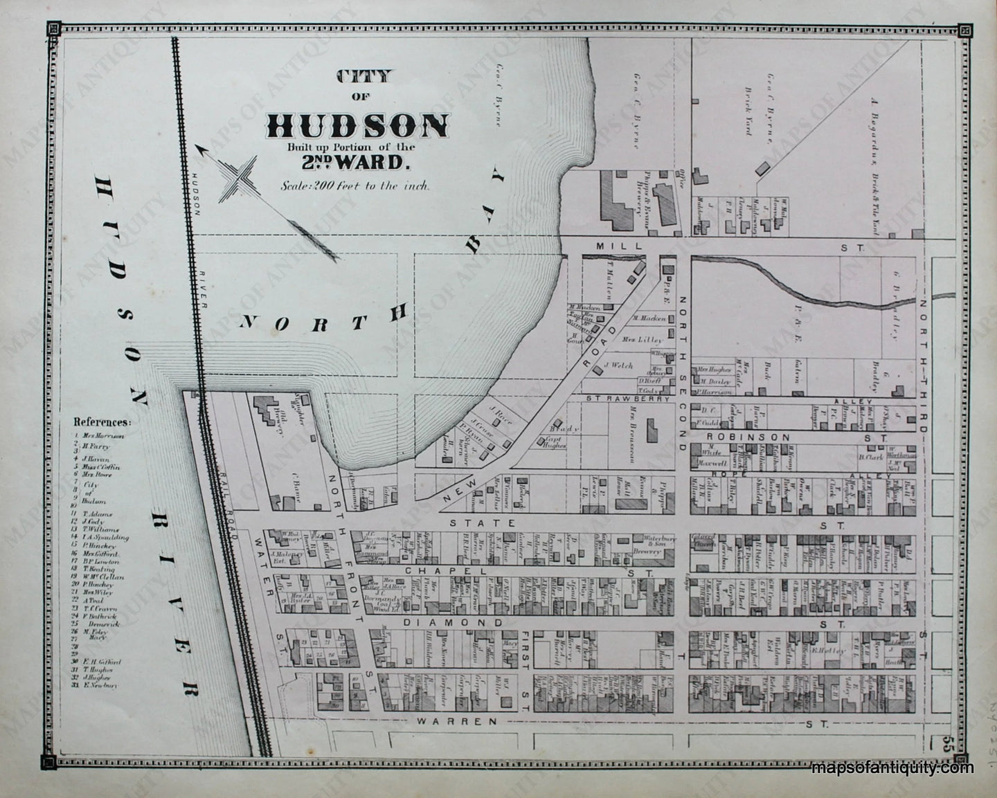 Antique-Hand-Colored-Map-City-of-Hudson-2nd-Ward-(NY)-United-States-Northeast-1873-Beers-Maps-Of-Antiquity