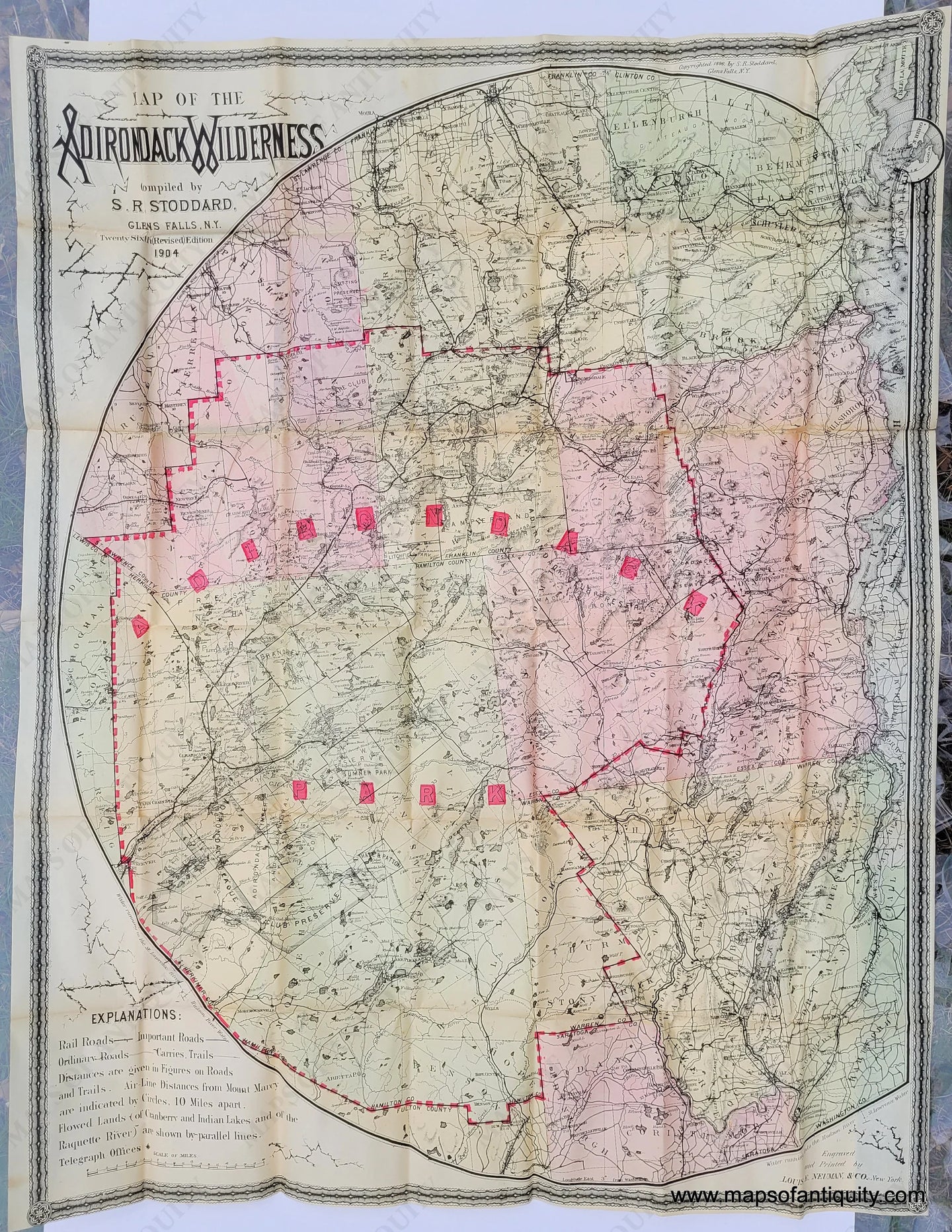 Antique-Lithographed-Folding-Map-of-the-Adirondack-Wilderness-Adirondacks-Mountains-New-York-State-1904-S.R.-Stoddard-Maps-Of-Antiquity