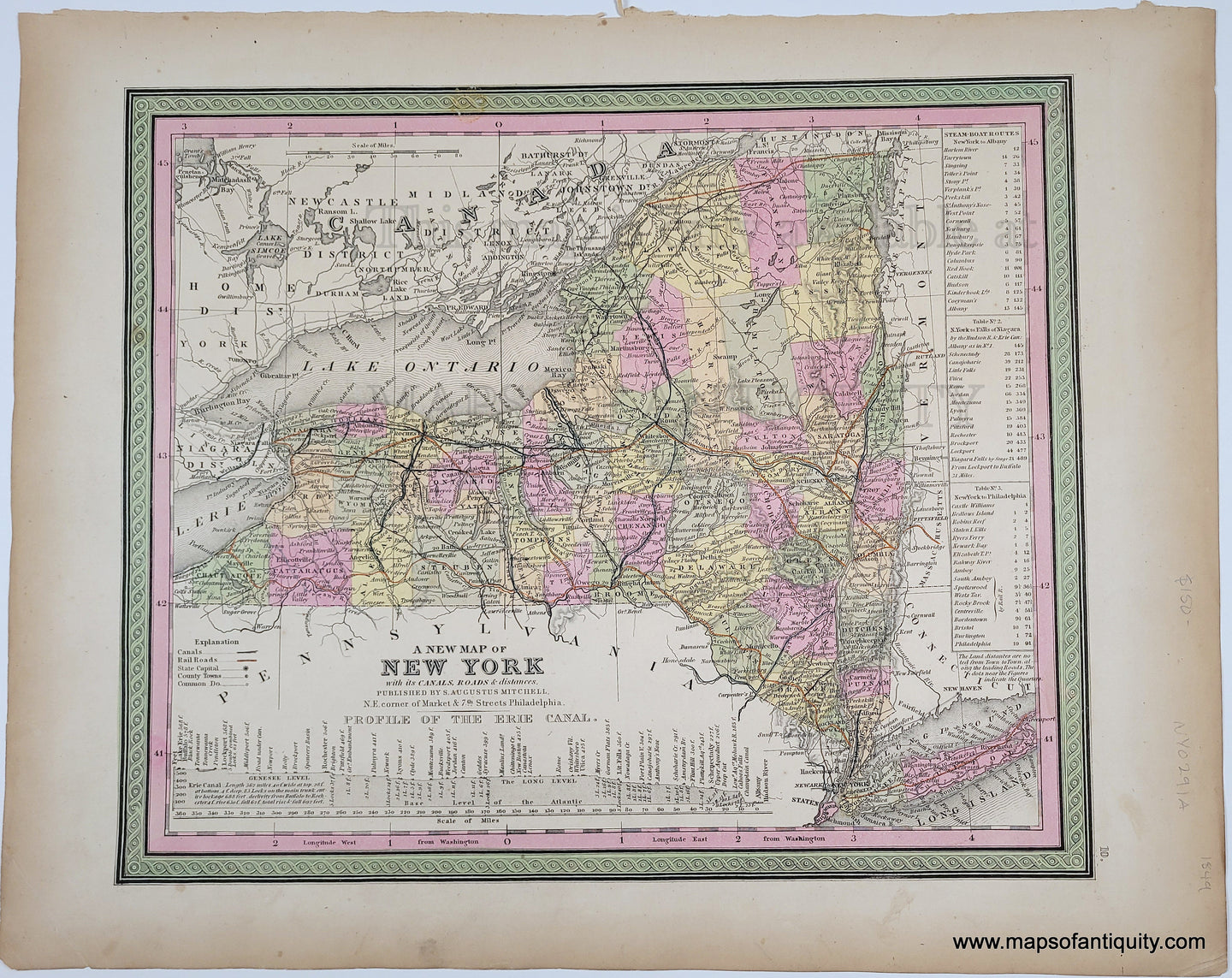 Antique Map with original hand-coloring in tones of green, yellow, peach, and pink. 
Antique-Hand-Colored-Map-Map-of-the-State-of-New-York-Compiled-from-the-Latest-Authorities---1849-Mitchell-Maps-Of-Antiquity