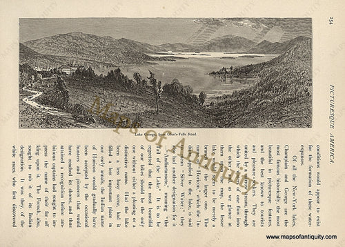 Antique-Black-and-White-Illustration-Lake-George-from-Glen-Falls-Road.-New-York-Historical-Prints-1872-Picturesque-America-Maps-Of-Antiquity