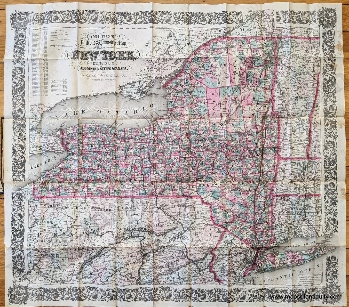 Genuine-Antique-Hand-Colored-Map-Colton's-Railroad-and-Township-Map-of-the-State-of-New-York-with-Parts-of-the-Adjoining-States-and-Canada.--United-States-Northeast-1872-Colton-Maps-Of-Antiquity-1800s-19th-century