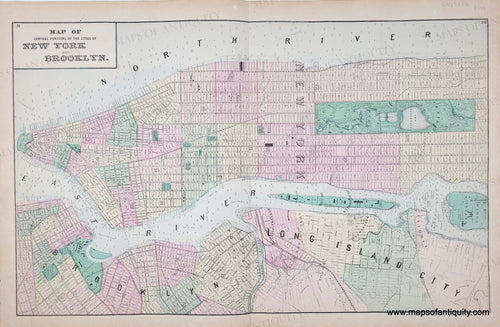 Antique map of the area around New York City, including Brooklyn and Long Island City aka Queens. with original color in pink, yellow, green.