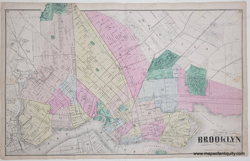 Antique map of Brooklyn with colored sections and grid lines. with original color in pink, yellow, green.