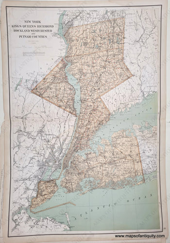 antique map of New York, Kings, Queens, Richmond, Rockland, Westchester, Putnam counties in New York State, printed with a green-blue for the water of Long Island Sound, Hudson RIver, and other bodies of water. Towns are a light orange tan with a darker orange tan delineating town borders.