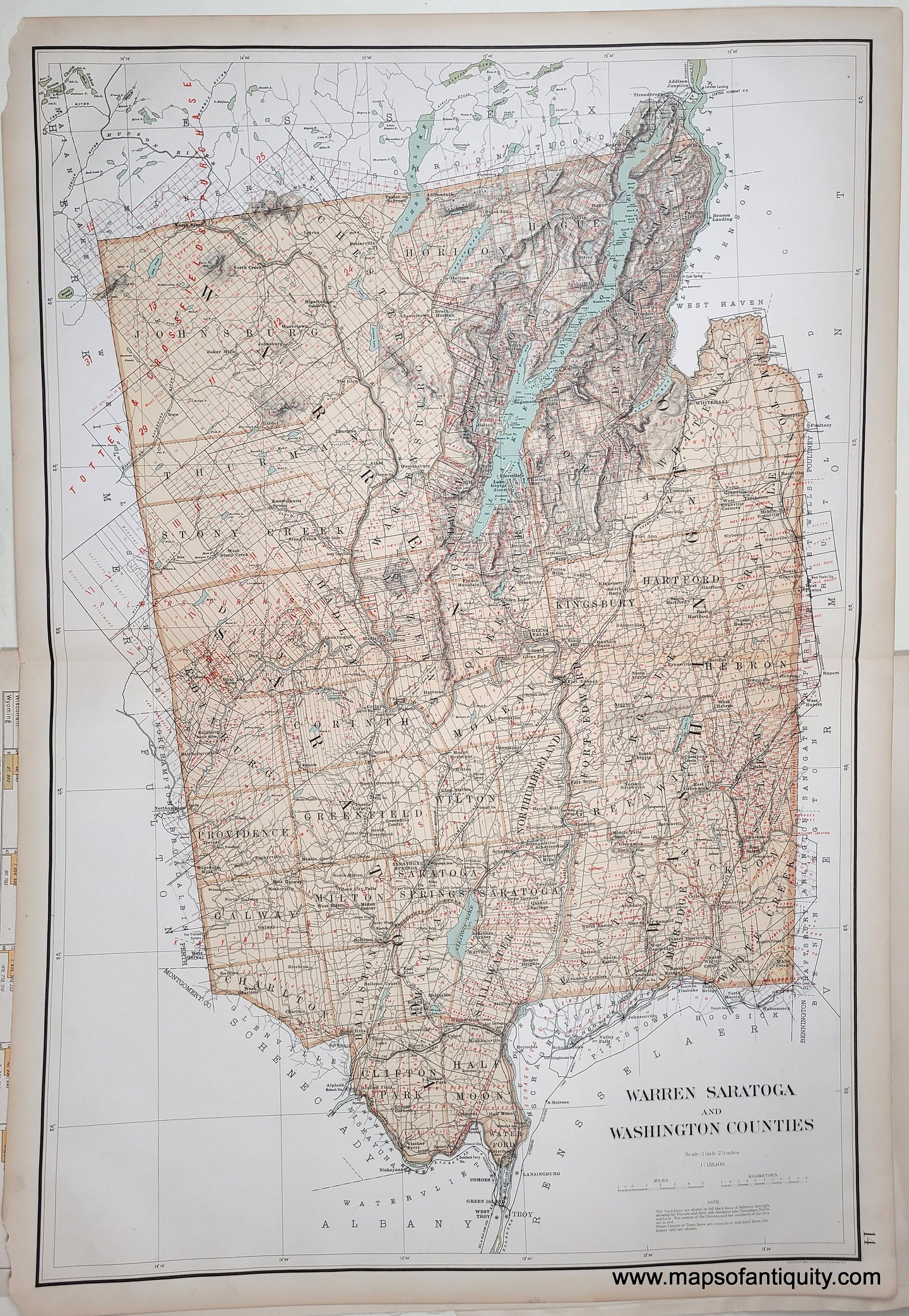 antique map of several counties in New York State, printed with a green-blue for the water of bodies of water. Towns are a light orange tan with a darker orange tan delineating town borders.