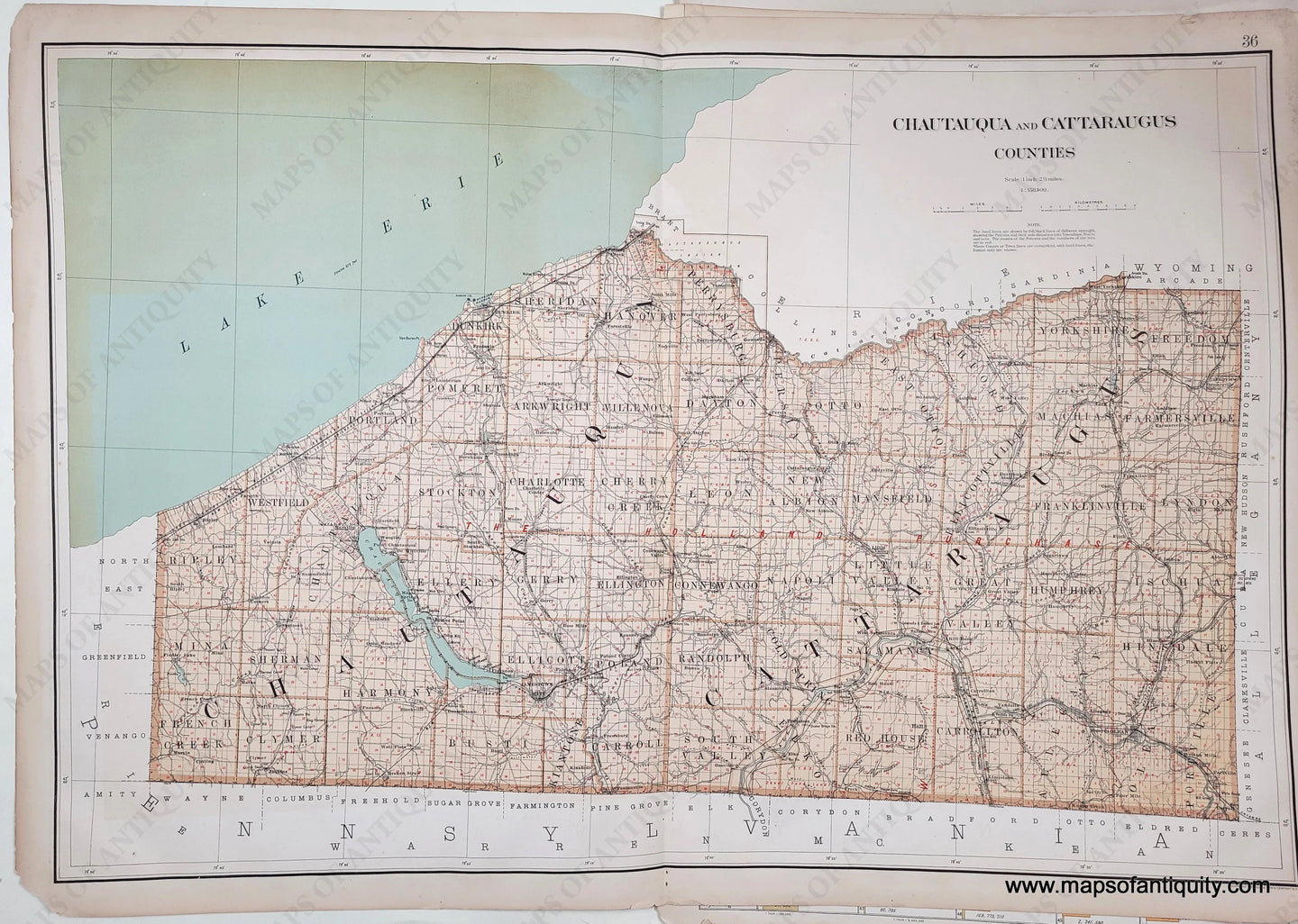 antique map of chatauqua and cattaraugus counties in New York State, printed with a green-blue for the water of lake erie and other bodies of water. Towns are a light orange tan with a darker orange tan delineating town borders.