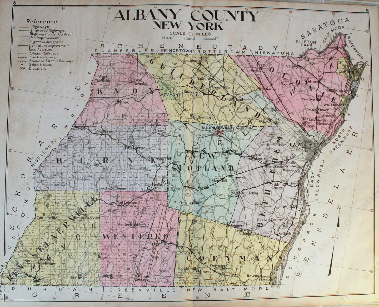 Antique-Hand-Colored-Map-Albany-County-New-York--United-States-New-York-1911-Everts-Maps-Of-Antiquity